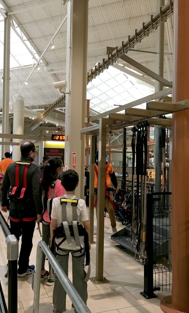 Every participant on the Palisades Climb Adventure is given a harness. The harness has a cable that attaches to the overhead beams.