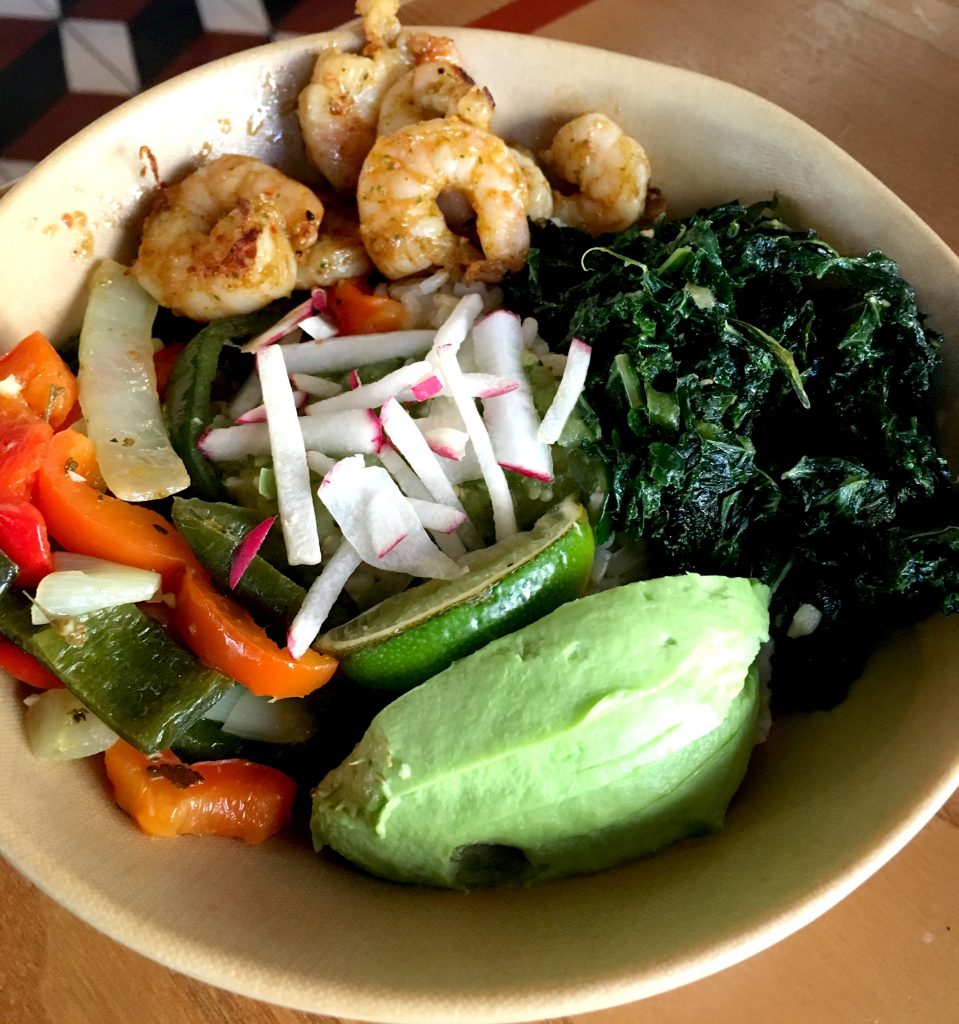 Sriracha Pepper Shrimp Brown Rice Bowl from El Balon Cantina.